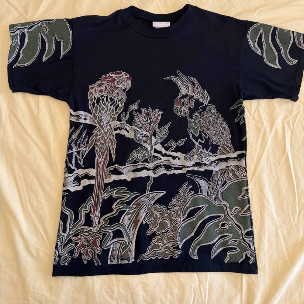 Vtg Men One of A Kind  SPUMONI by Franko  T-Shirt Tropical Parrot Black USA Sz S